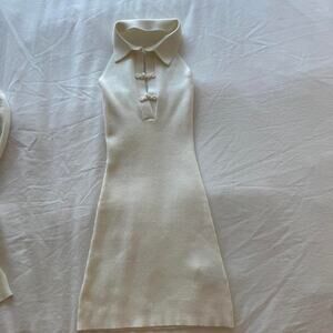 Sweet chilling oriental cream ribbed knit collared mini dress